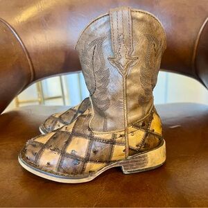 Roper Boys Bird Blocks Checkered Square Toe Cowboy Mid Calf Boots Sz Toddler 8